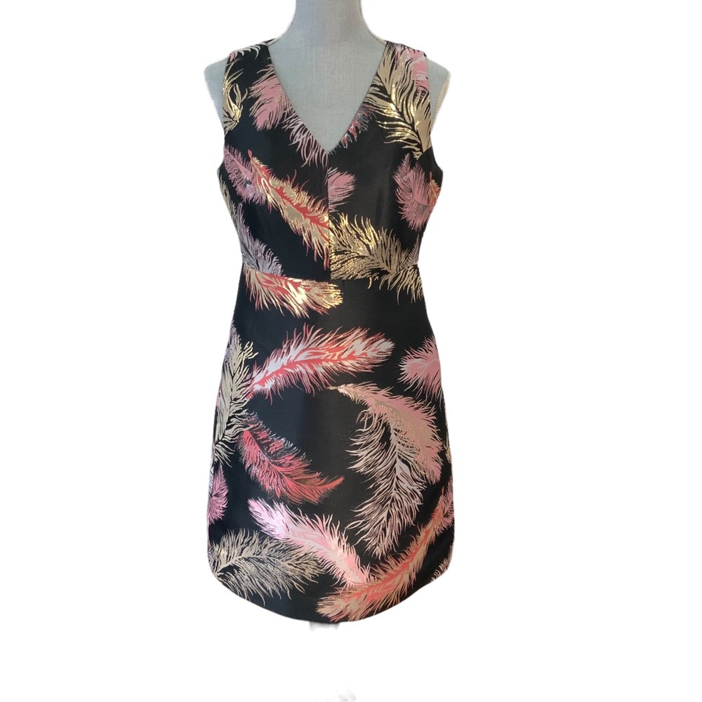 Etcetera Dress Black V-neck Feather Print Gold Silver Accent Size 6